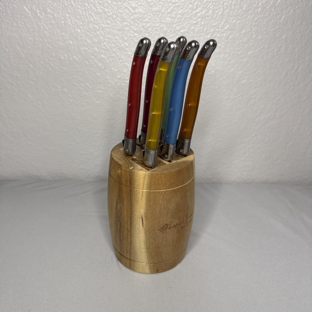 Jean Dubost Laguiole 6 Colorful Bold Colored Steak Knives Wooden Barrel Block